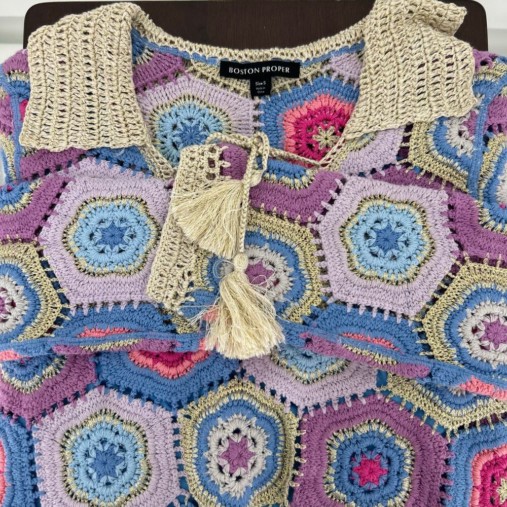 Boston Proper Crochet Sweater Size S Granny Square Built in Tank Boho Knit